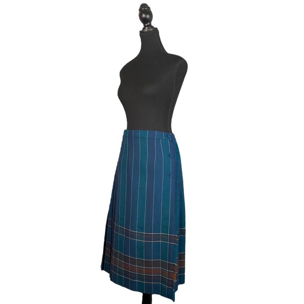 Vintage Blue Teal Striped Pleated A-Line Skirt - Picture 4 of 10